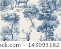 Winter Forest Reindeer Toile Vintage Blue Christmas Vector Seamless Pattern. Elegant hand-drawn blue toile Christmas seamless pattern featuring majestic reindeers in a snowy winter forest. Detailed vi 143093182