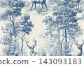 Winter Forest Reindeer Toile Vintage Blue Christmas Vector Seamless Pattern. Elegant hand-drawn blue toile Christmas seamless pattern featuring majestic reindeers in a snowy winter forest. Detailed vi 143093183