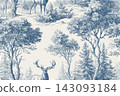 Winter Forest Reindeer Toile Vintage Blue Christmas Vector Seamless Pattern. Elegant hand-drawn blue toile Christmas seamless pattern featuring majestic reindeers in a snowy winter forest. Detailed vi 143093184