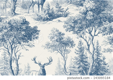 Winter Forest Reindeer Toile Vintage Blue Christmas Vector Seamless Pattern. Elegant hand-drawn blue toile Christmas seamless pattern featuring majestic reindeers in a snowy winter forest. Detailed vi Winter Forest Reindeer Toile Vintage Blue Christmas Vector Seamless Pattern. Elegant hand-drawn blue toile Christmas seamless pattern featuring majestic reindeers in a snowy winter forest. Detailed vi 143093184