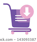 Illustration of a purple shopping cart with a downward arrow icon, perfectly representing actions like adding items to a basket, downloading digital purchases, moving products to a cart, e-commerce ch 143093387