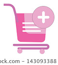 Illustration of a shopping cart with a plus add sign icon, perfectly representing online shopping, add to cart feature, e-commerce purchase, retail consumerism, and digital marketplace transactions 143093388