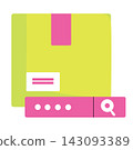 Illustration of a delivery box or parcel package combined with an online search bar interface and magnifying glass icon, perfectly representing online parcel tracking, order tracking code, shipment lo 143093389