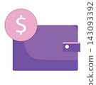 Illustration of a purple wallet with a dollar coin sign, perfectly representing digital payment, savings, finance tracking, online banking, personal budget, and e-commerce transactions. 143093392