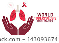 World Tuberculosis Day, March 24 Vector, Lungs Xray Mask Bacteria, Blue Ribbon Awareness Poster, Flat Design TB Prevention Lung Health Banner Illustration Stock Graphic 143093674