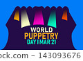 World Puppetry Day, March 21 Vector, Marionette Strings Hands Stage, Blue Ribbon Awareness Poster, Flat Design Theater Performance Art Banner Illustration Stock Graphic 143093676
