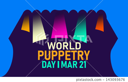 World Puppetry Day, March 21 Vector, Marionette Strings Hands Stage, Blue Ribbon Awareness Poster, Flat Design Theater Performance Art Banner Illustration Stock Graphic 143093676