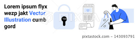 Online transactions, secure payments, cybersecurity, digital shopping, data safety, retail operations. Lock symbol, POS device customer with bag. Secure payments and online transactions concept Online transactions, secure payments, cybersecurity, digital shopping, data safety, retail operations. Lock symbol, POS device customer with bag. Secure payments and online transactions concept 143093791