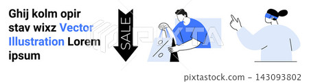 E-commerce, retail sales, consumer behavior, advertising design, shopping habits, online marketing. shopper carrying a bag, sale arrow and pointing figure. E-commerce and retail sales concept E-commerce, retail sales, consumer behavior, advertising design, shopping habits, online marketing. shopper carrying a bag, sale arrow and pointing figure. E-commerce and retail sales concept 143093802