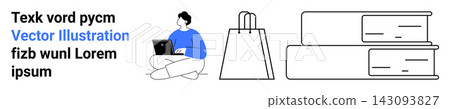 Education, e-commerce, business planning, online work, study materials, digital lifestyle. A person using a laptop, a shopping bag and two stacked books. Education and e-commerce concept Education, e-commerce, business planning, online work, study materials, digital lifestyle. A person using a laptop, a shopping bag and two stacked books. Education and e-commerce concept 143093827