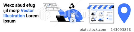Online shopping, e-commerce, business transactions, digital payments, storefront concepts, location tracking. Person holding money with a laptop, storefront and a map pin. Online shopping Online shopping, e-commerce, business transactions, digital payments, storefront concepts, location tracking. Person holding money with a laptop, storefront and a map pin. Online shopping 143093858