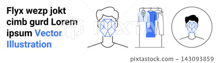 Identity verification, facial recognition, technology, security systems, data protection, retail personalization. Outlined faces with facial grids and a clothing rack. Identity verification Identity verification, facial recognition, technology, security systems, data protection, retail personalization. Outlined faces with facial grids and a clothing rack. Identity verification 143093859