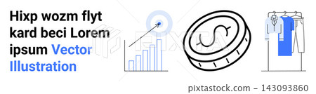 Business growth, financial analytics, e-commerce, shopping, marketing, modern design. Minimalist icons of a graph, coin and clothing rack. Business growth and e-commerce concept Business growth, financial analytics, e-commerce, shopping, marketing, modern design. Minimalist icons of a graph, coin and clothing rack. Business growth and e-commerce concept 143093860