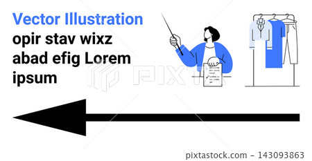 Business communication, presentations, professional guidance, educational materials, project organization, analysis. A person pointing with a document and hanging clothes. Business communication 143093863