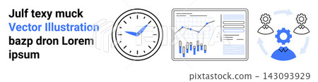 Time management, data analysis, workflow automation, productivity, progress tracking, business planning. A clock, analytical dashboard and workflow gears. Time management and data analysis concepts Time management, data analysis, workflow automation, productivity, progress tracking, business planning. A clock, analytical dashboard and workflow gears. Time management and data analysis concepts 143093929