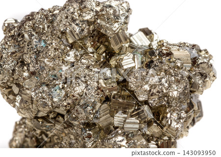 Macro mineral stone Pyrite gold on white background Macro mineral stone Pyrite gold on white background 143093950