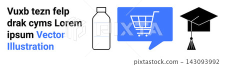 Education, e-commerce, sustainability, technology, business, digital platforms. A water bottle, a shopping cart speech bubble and a graduation cap. Education and e-commerce concept Education, e-commerce, sustainability, technology, business, digital platforms. A water bottle, a shopping cart speech bubble and a graduation cap. Education and e-commerce concept 143093992