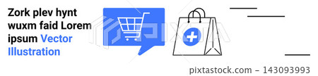 E-commerce, online shopping, healthcare retail, digital purchases, retail apps, marketing design. Chat bubble with cart icon and shopping bag. E-commerce and online shopping theme E-commerce, online shopping, healthcare retail, digital purchases, retail apps, marketing design. Chat bubble with cart icon and shopping bag. E-commerce and online shopping theme 143093993