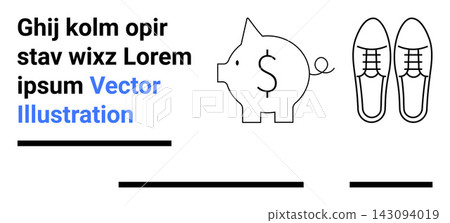 Financial planning, business saving, economic concepts, minimalism, footwear industry, textual placeholders. Piggy bank with dollar sign and shoes alongside text. Financial planning and business Financial planning, business saving, economic concepts, minimalism, footwear industry, textual placeholders. Piggy bank with dollar sign and shoes alongside text. Financial planning and business 143094019
