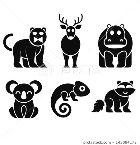 The image shows a set of six black and white cartoon animal vector icons 143094172