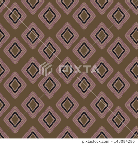 Repeating diamond lattice design with layered mauve, beige, and black outlines on warm brown ground, forming seamless retro inspired surface for wallpaper, fabric, packaging, and home decor uses. 143094296