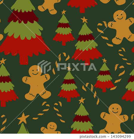 Repeating holiday pattern showing gingerbread figures, layered Christmas trees, stars, and candy cane shapes in red, green, and gold on deep dark green background, suitable for wrapping paper. Repeating holiday pattern showing gingerbread figures, layered Christmas trees, stars, and candy cane shapes in red, green, and gold on deep dark green background, suitable for wrapping paper. 143094299