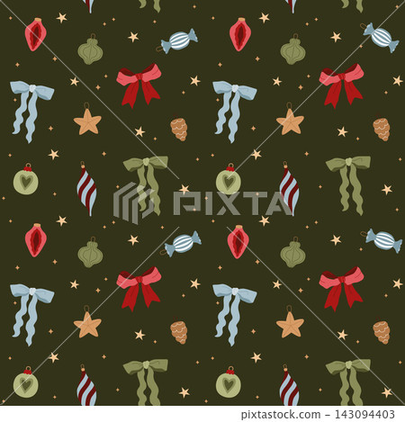 Christmas seamless pattern made of vintage baubles and Christmas tree ornaments and bow for seasonal fabric, background, packaging Christmas seamless pattern made of vintage baubles and Christmas tree ornaments and bow for seasonal fabric, background, packaging 143094403
