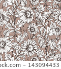 Hand drawn chamomile flowers and leaves seamless pattern in ink engraving style. Brown background with vintage floral outline illustration. 143094433