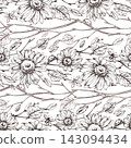 Hand drawn ink engraving seamless pattern with chamomile flowers, leaves, branches and bees. Vintage black and white botanical illustration in outline style. 143094434