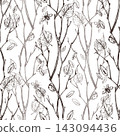 Hand drawn seamless pattern with autumn tree branches, falling leaves, bees and ladybugs. Ink engraving style outline illustration in black and white. 143094436
