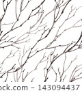 Seamless pattern with hand drawn bare tree branches in ink engraving style. Black and white outline of twigs on white background. 143094437