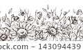 Hand drawn ink illustration of autumn flowers with berries leaves and ladybug. Engraving style black and white seamless border pattern with daisies and physalis. 143094439