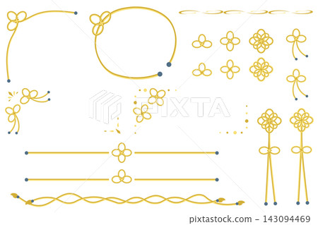 A set of elegant Japanese-style frames and decorations made with mizuhiki (yellow tones). A set of elegant Japanese-style frames and decorations made with mizuhiki (yellow tones). 143094469