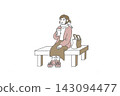 Autumn outing/rest / Woman sitting on a bench drinking a beverage 143094477