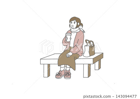 Autumn outing/rest / Woman sitting on a bench drinking a beverage 143094477