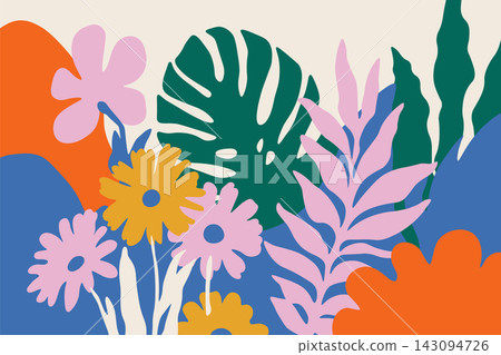 Groovy 70s retro colorful floral and botanical abstract background vector illustration. Groovy 70s retro colorful floral and botanical abstract background vector illustration. 143094726