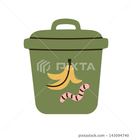 Cute hand-drawn compost bin with organic waste and worms. Eco gardening and recycling design element. vector illustration in doodle style Cute hand-drawn compost bin with organic waste and worms. Eco gardening and recycling design element. vector illustration in doodle style 143094740
