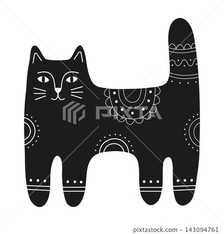 Black cat silhouette with folk art ornaments. Naive hand drawn animal icon Black cat silhouette with folk art ornaments. Naive hand drawn animal icon 143094761