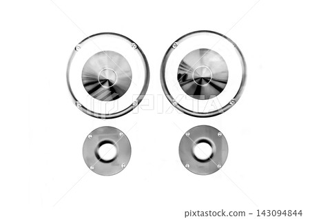 Sound music loudspeaker stereo audio loud bass acoustic speaker white isolated Sound music loudspeaker stereo audio loud bass acoustic speaker white isolated 143094844