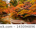Kyoto's Kiyotaki River and Autumn Foliage: A vibrant scene of autumn leaves and the river, a popular Kyoto tourist spot. 143094896
