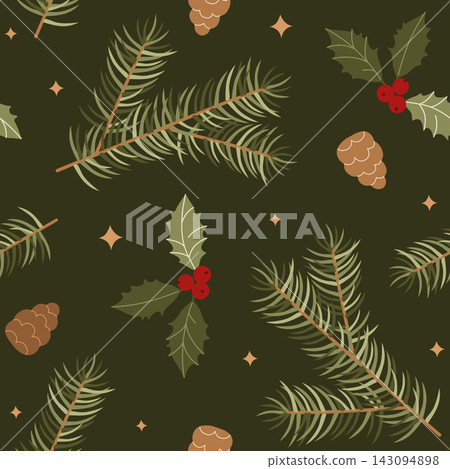 Hand-drawn floral Christmas seamless pattern made of pine cone and branches and holly berry for seasonal background or packaging Hand-drawn floral Christmas seamless pattern made of pine cone and branches and holly berry for seasonal background or packaging 143094898