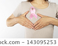 Caucasian Woman Wearing Pink Ribbon for Breast Cancer Awareness 143095253