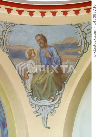 Saint Joseph, fresco on the ceiling of the church of Saint Barbara in the Bedekovcina, Croatia Saint Joseph, fresco on the ceiling of the church of Saint Barbara in the Bedekovcina, Croatia 143095736