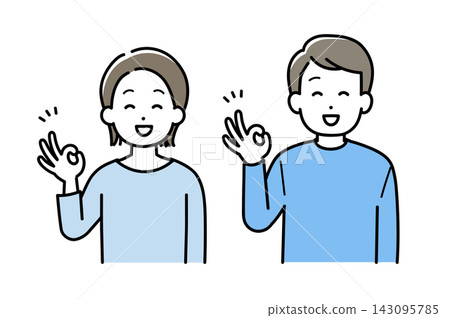 Illustration of a young man and woman making an OK sign. Illustration of a young man and woman making an OK sign. 143095785