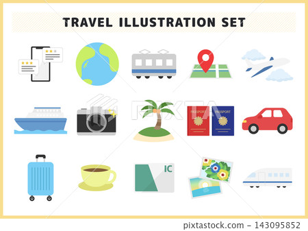 一套旅行插圖，包含護照、行李箱、飛機等旅行用品，提供向量圖形版本。 143095852