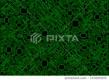 Dense neon green motherboard circuit pattern with square microchip nodes on black background Dense neon green motherboard circuit pattern with square microchip nodes on black background 143095970