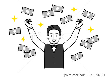 A male restaurant employee cheers as banknotes fly around. A male restaurant employee cheers as banknotes fly around. 143096161