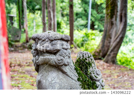 神道神社的守護獅犬與朱紅色神社建築 神道神社的守護獅犬與朱紅色神社建築 143096222