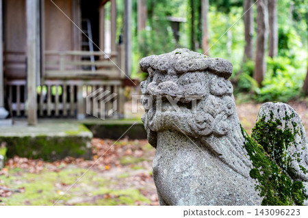 守護獅雕像,背景是神社建築 守護獅雕像,背景是神社建築 143096223