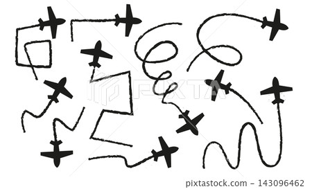 Plane icon set with flight path trail. 143096462